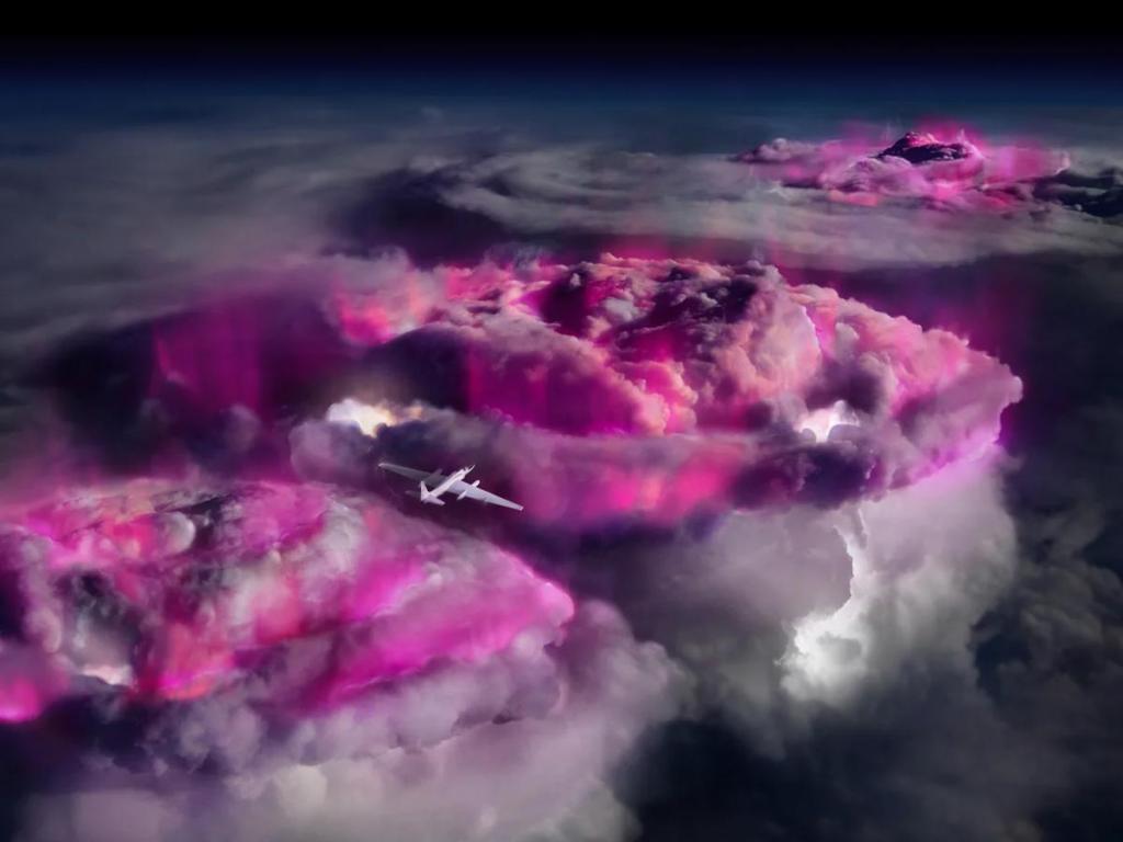 In this artist's impression, a high-altitude NASA spy plane carries instrumentation to record purple-colored terrestrial gamma-ray flashes in thunderclouds. Credit: NASA/ALOFT team. All Rights Reserved.